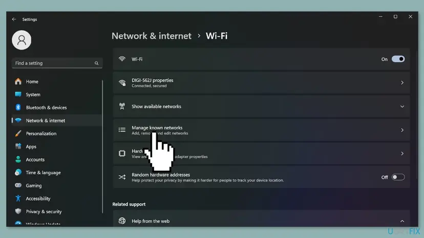 Windows 11 Settings on Network and internet, Wi-Fi page, with the pointer on Manage known networks below the connected network and Show available networks