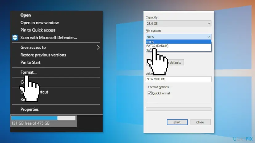 Drive context menu with Format selected and the Format window open with the File system list showing NTFS, FAT32 and exFAT