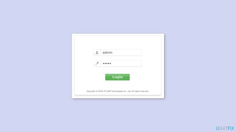 Router admin login page in a web browser with the admin user name and a hidden password field above a green Login button
