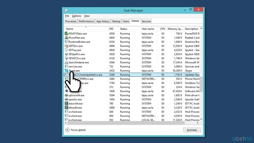 Task Manager Details tab listing running processes with Skype.exe highlighted and the End task button at the bottom