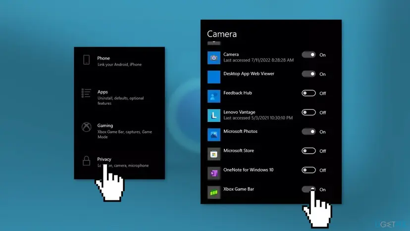 Windows 10 Settings with the Privacy entry and the Camera permission list where Camera, Microsoft Photos and other apps are switched on or off