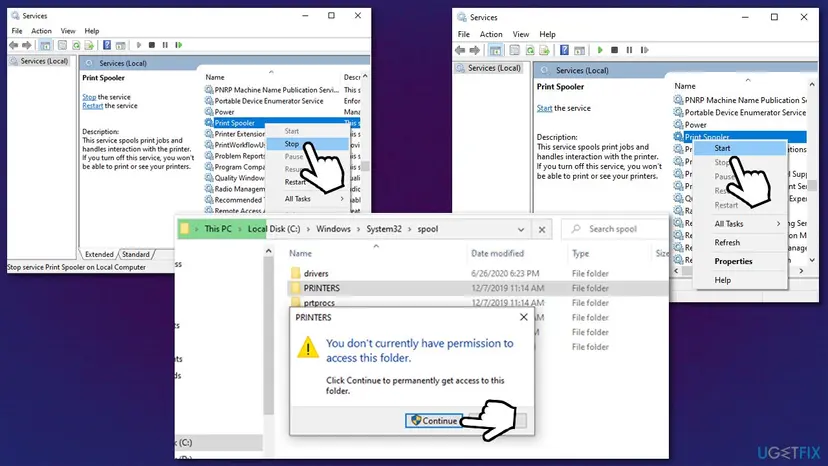 Services window stopping and starting the Print Spooler beside a File Explorer permission prompt for the PRINTERS folder