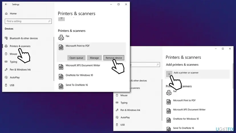 Windows Settings showing Printers and scanners with the Remove device button for the selected printer and the Add a printer or scanner button