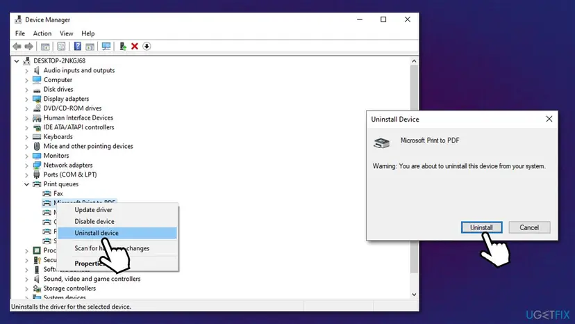 Device Manager with the Print queues group opened and the Uninstall device confirmation window for the printer
