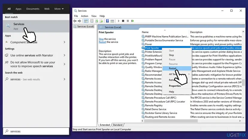 Windows search for Services and the Services app window with Print Spooler selected and the Restart item highlighted in its right-click menu