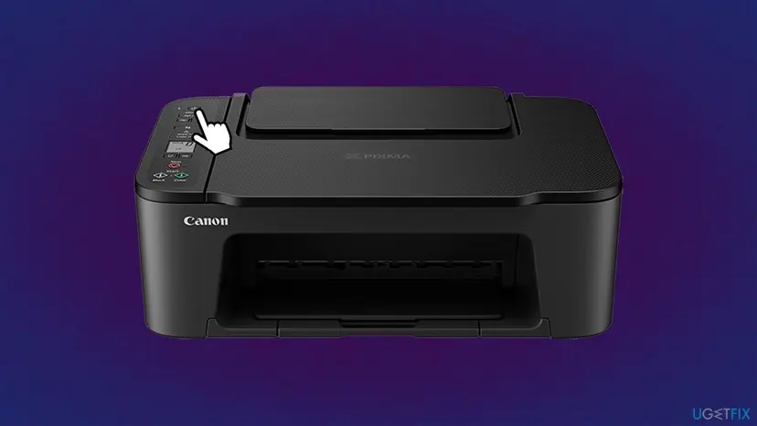 A Canon printer with a cursor pointing to the Power button, the button to hold to switch the printer off before turning it back on