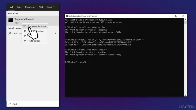 Windows Start menu search for cmd and a Command Prompt window running the net stop spooler, del and net start spooler commands