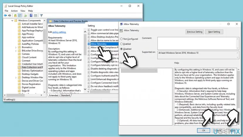 Local Group Policy Editor on Windows 10 with Data Collection and Preview Builds open and the Allow Telemetry policy window showing its options and help text