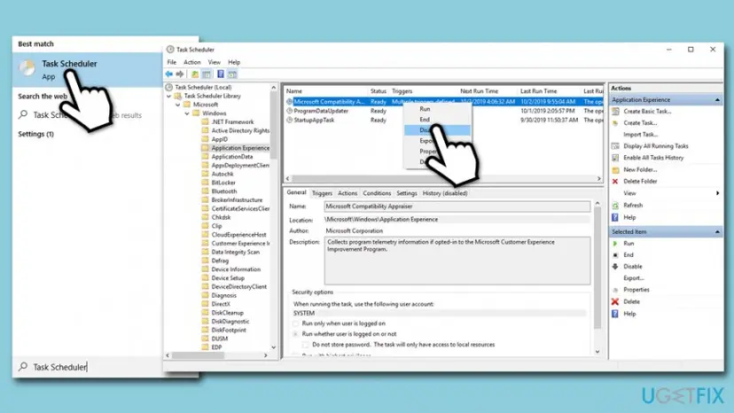 Task Scheduler on Windows 10 with the Application Experience folder open and Disable chosen in the right-click menu of Microsoft Compatibility Appraiser