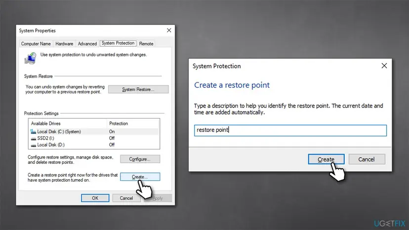 System Properties and System Protection windows showing a restore point being created