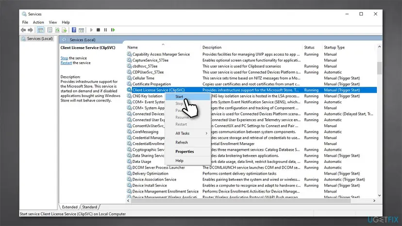 Services window with a context menu open on Client License Service and the Start command