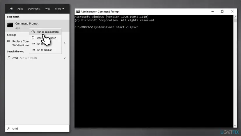 Windows search menu running Command Prompt as administrator next to a Command Prompt window