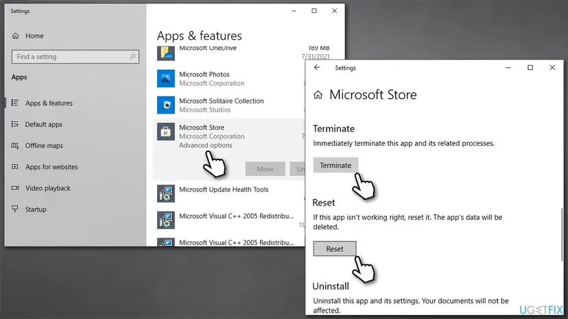 Apps and features settings window next to Microsoft Store advanced options with the Terminate and Reset buttons