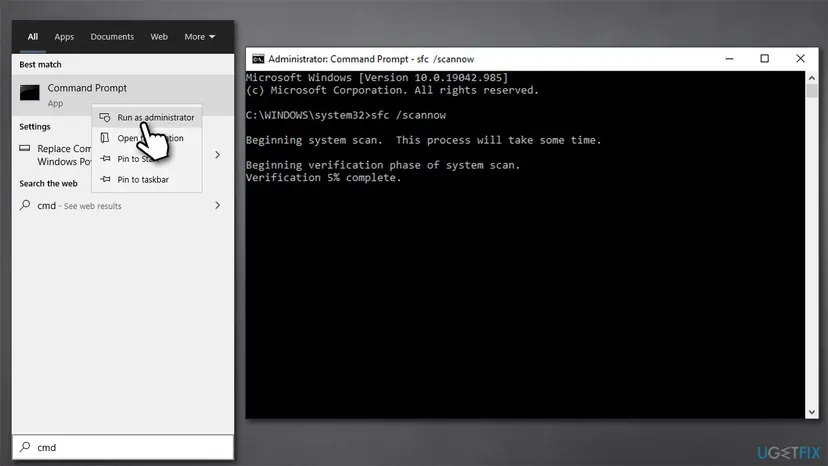 Command Prompt running the sfc /scannow scan next to the Windows search menu