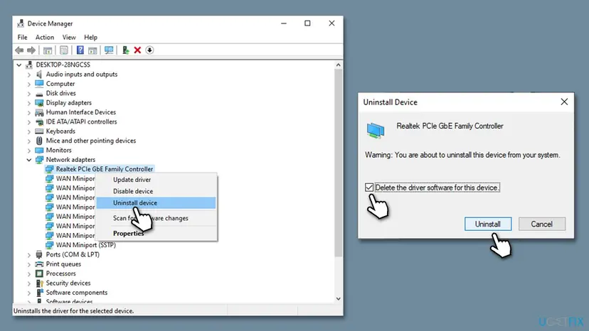 Device Manager with Network adapters expanded, Uninstall device in the right-click menu and the Delete the driver software for this device box ticked