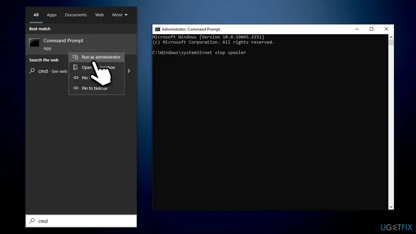 Windows search for cmd with Run as administrator selected on Command Prompt, and an Administrator Command Prompt window with net stop spooler typed