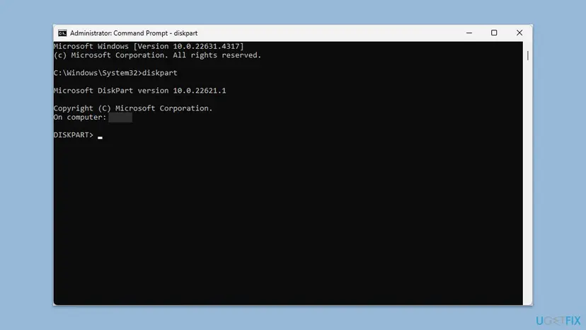 Command Prompt window with DiskPart started and the DISKPART prompt waiting for a command such as list disk