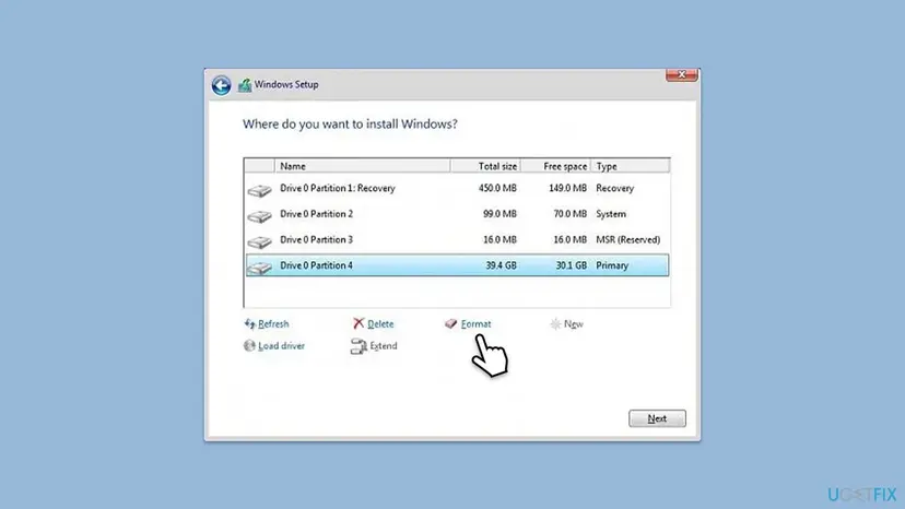 Older Windows Setup screen Where do you want to install Windows with four partitions on Drive 0 and the buttons Refresh, Delete, Format, New, Load driver and Extend