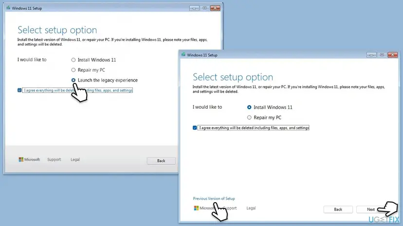 Two versions of the Windows 11 Setup screen Select setup option, one with the choice Launch the legacy experience and one with the link Previous Version of Setup in the lower left corner