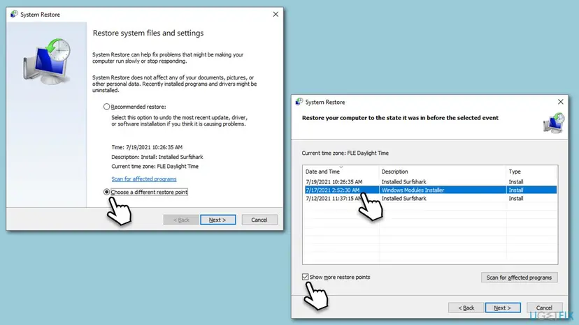 System Restore window with Choose a different restore point selected, next to the list of restore points with Show more restore points ticked