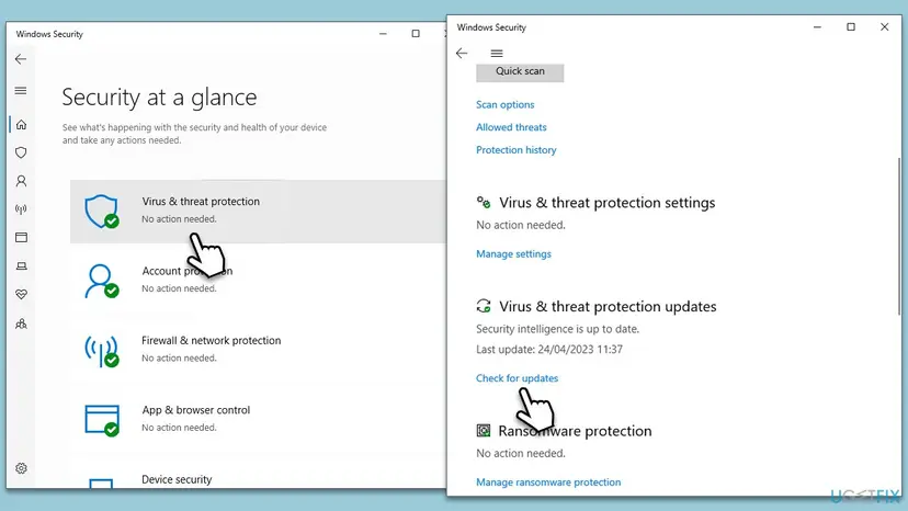 Windows Security with Security at a glance and Virus and threat protection open, pointing to Check for updates under Virus and threat protection updates