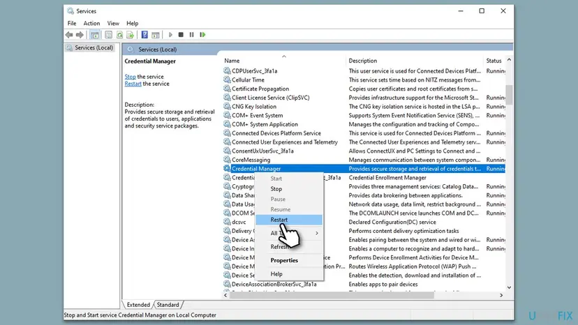 Services window with the right-click menu of Credential Manager open and the Restart entry selected