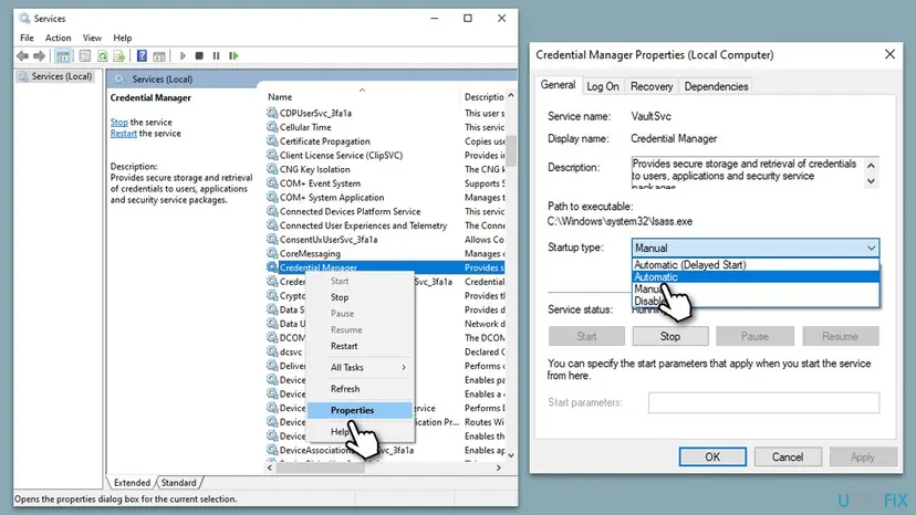 Services window with Credential Manager selected and its Properties open, showing service name VaultSvc, the path lsass.exe and the Startup type list