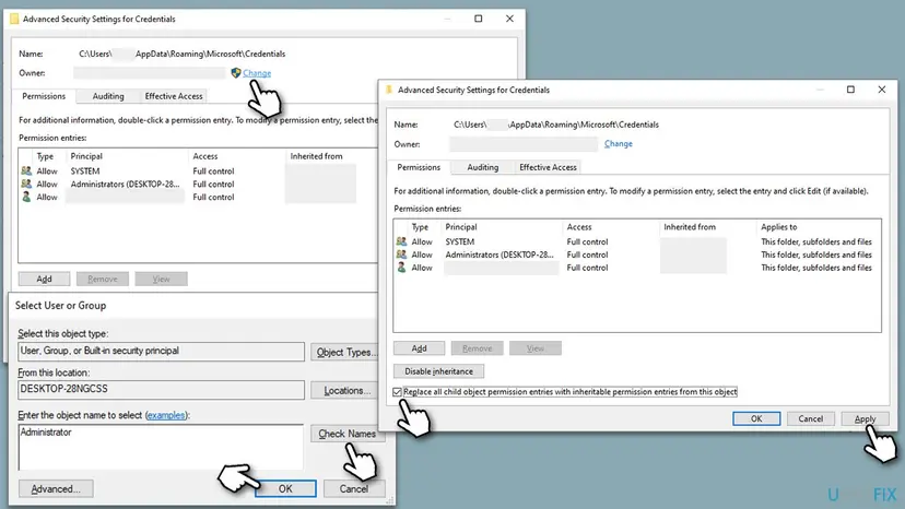 Advanced Security Settings for Credentials with the Owner Change link, the Select User or Group box and the replace child permission entries checkbox