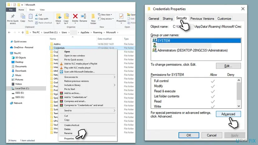 File Explorer at AppData Roaming Microsoft with the Credentials folder menu open, and its Properties window on the Security tab with the Advanced button