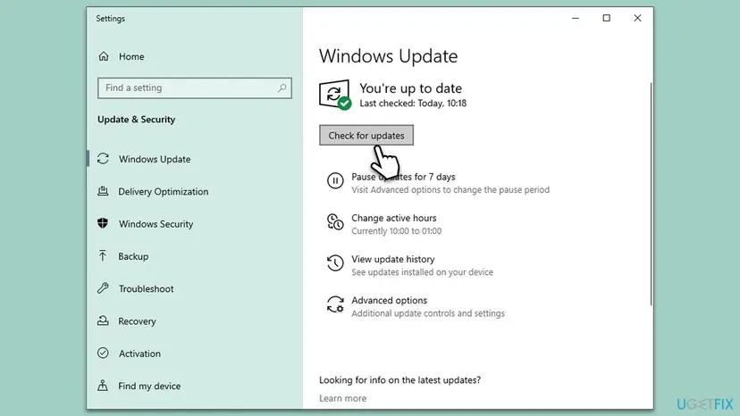 Windows 10 Settings, Update and Security, Windows Update page with the status You're up to date and the Check for updates button marked