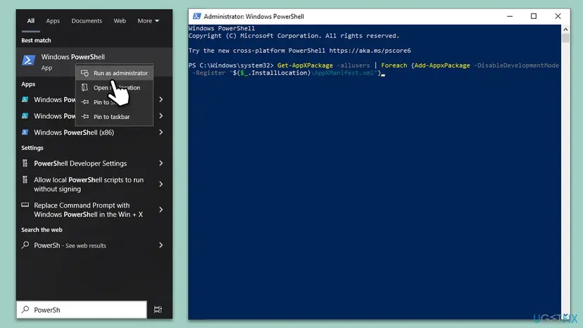 Windows 10 Administrator Windows PowerShell window with the command Get-AppXPackage -allusers piped to Add-AppxPackage -DisableDevelopmentMode -Register for every package