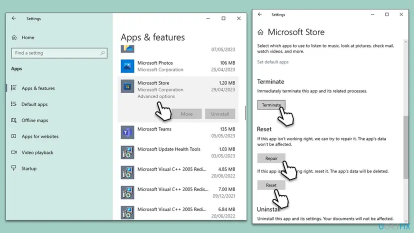 Windows 10 Settings Apps and features list with Microsoft Store Advanced options, and the Microsoft Store page with the Terminate, Repair and Reset buttons