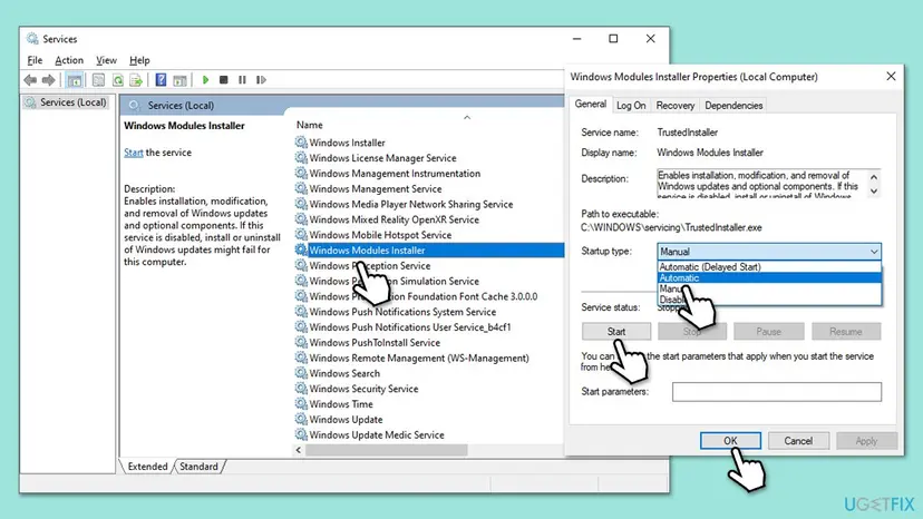 Windows Modules Installer Properties window over the Services list, with the Startup type menu and the Start button