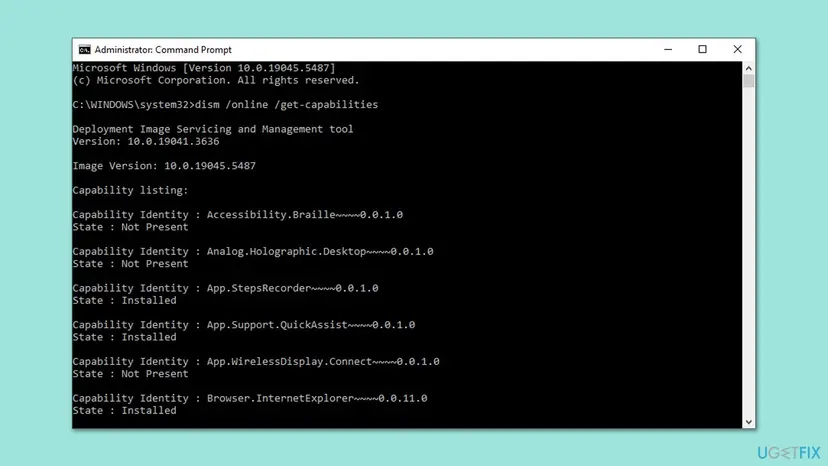 Command Prompt window with the output of dism /online /get-capabilities listing capability identities and their install state