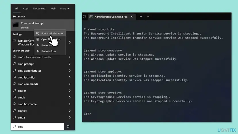 Command Prompt opened as administrator from search, with net stop commands stopping the Windows Update services