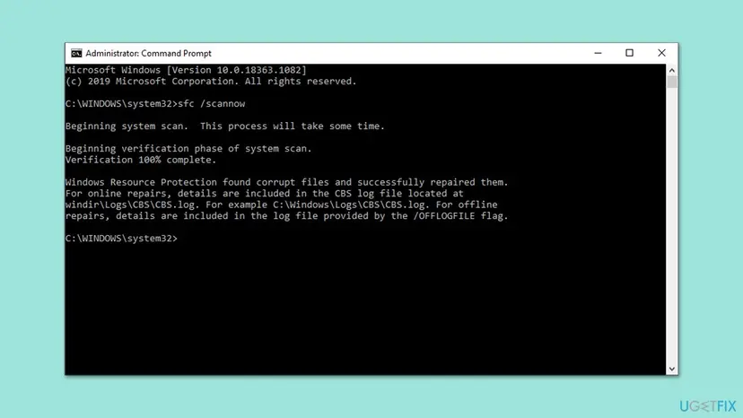 Administrator Command Prompt running the sfc /scannow command to check Windows system files