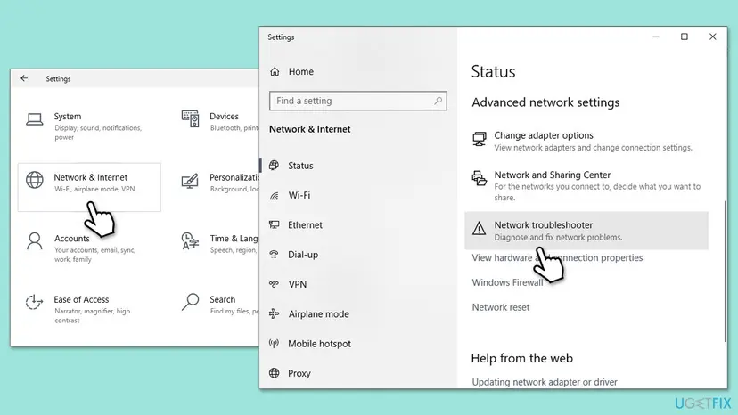 Windows 10 Settings with the Network and Internet category and the Network troubleshooter option on the Status page