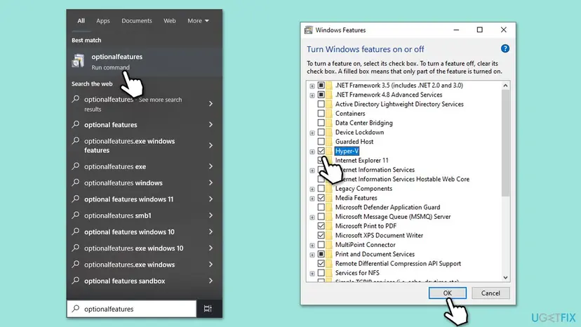 Windows search with optionalfeatures typed in and the Windows Features dialog listing features with check boxes