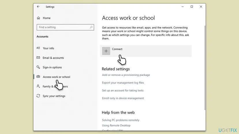 Windows 10 Settings, Accounts, Access work or school page with the Connect button and the Export your management log files link