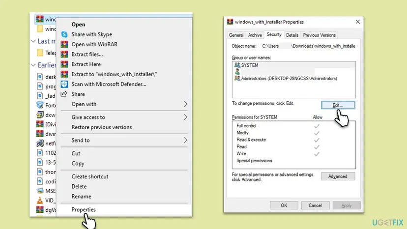 Windows 10 file Properties window on the Security tab with the Edit button selected, used to check the permissions of the folder holding the archive