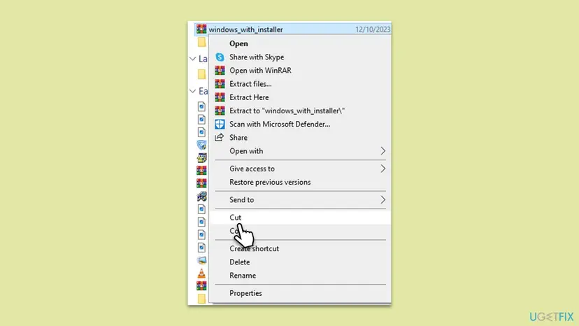 Windows 10 File Explorer right-click menu on a compressed file with the Copy option highlighted, used to move the archive to a short folder path