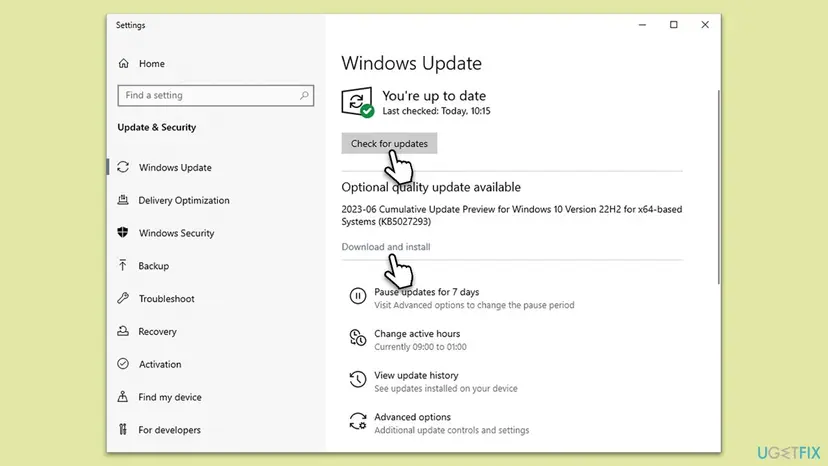 Windows 10 Settings Windows Update page with the Check for updates button and the download and install option for optional updates
