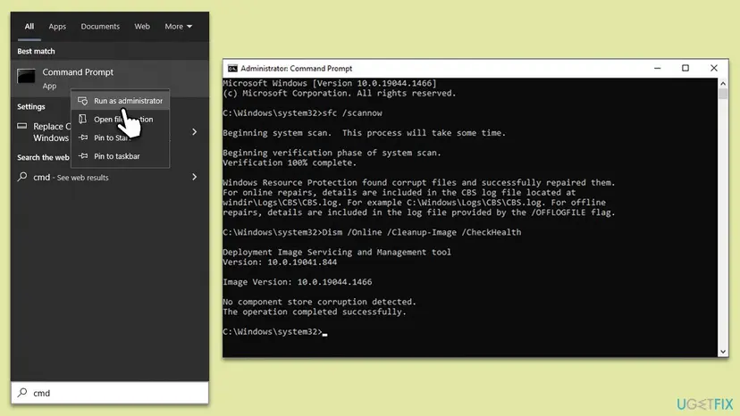 Windows 10 elevated Command Prompt window showing the sfc /scannow and DISM commands used to repair damaged system files