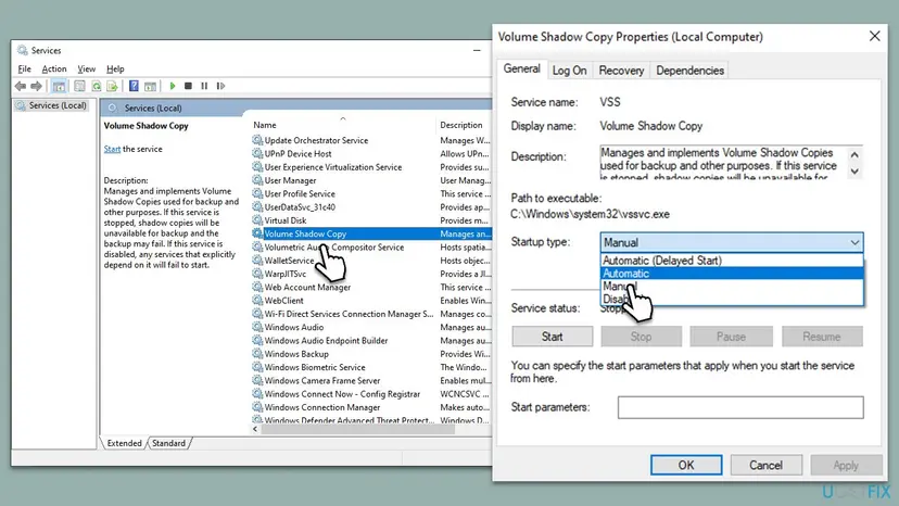 Services window on Windows 10 with Volume Shadow Copy Properties open, service name VSS, the Startup type list showing Automatic and the Start button