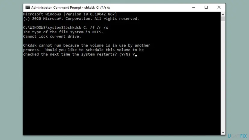 Administrator Command Prompt on Windows 10 running chkdsk C: /f /r /x and asking to schedule the check at the next restart