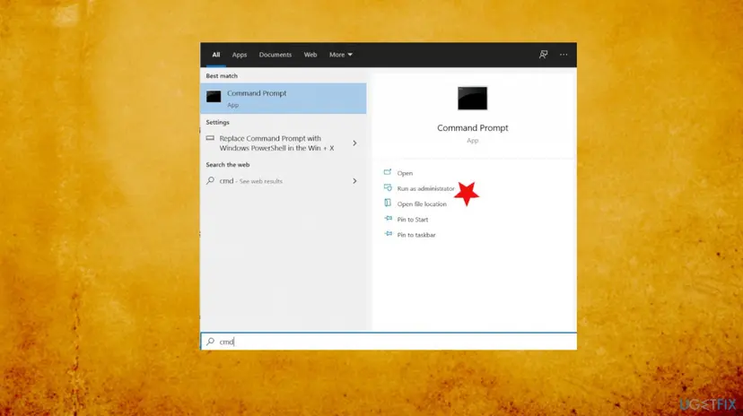 Windows 10 search results for cmd with Command Prompt selected and Run as administrator marked in the right panel