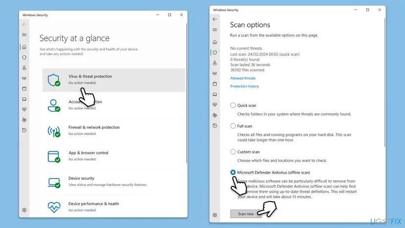 Windows Security with Virus and threat protection selected and Scan options showing Microsoft Defender Antivirus offline scan chosen above the Scan now button