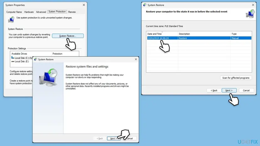 System Properties System Protection tab with the System Restore button and the System Restore wizard listing a restore point with date, description and type