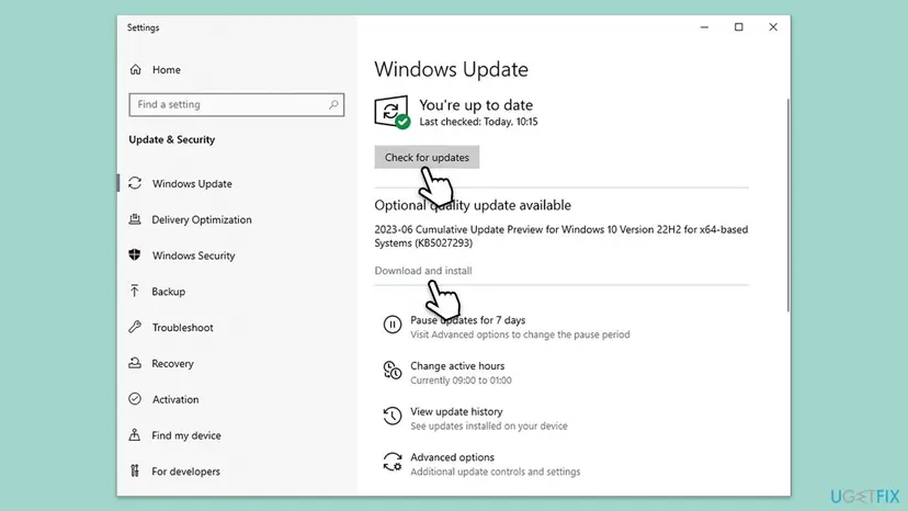 Windows Update page in Settings with the Check for updates button and an optional cumulative update offered for download and install