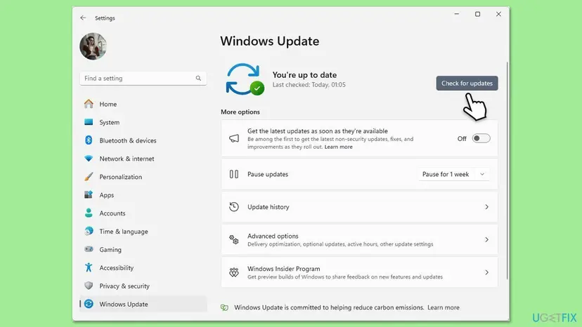 Windows 11 Settings Windows Update page showing You're up to date with the Check for updates button and Advanced options below